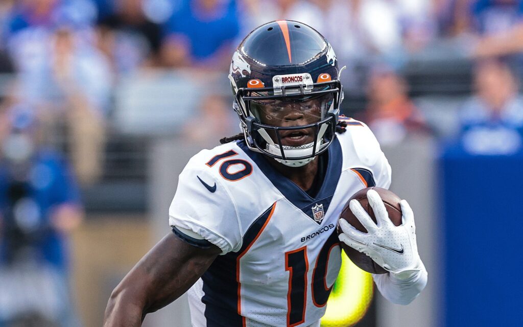 Jerry Jeudy catches a pass before injuring his ankle on Sunday. Credit: Vincent Carcietta, USA TODAY Sports.