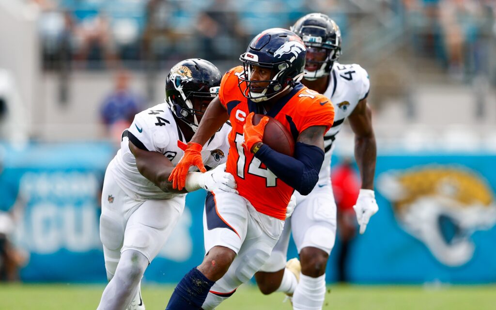 Courtland Sutton running after one of his two explosive plays on Sunday. Credit: Nathan Ray Seebeck, USA TODAY Sports.