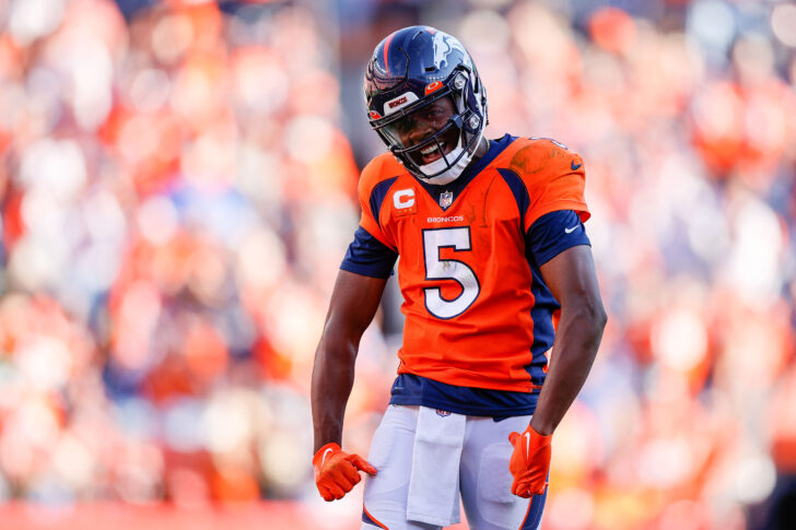 Denver Broncos quarterback Teddy Bridgewater (5) reacts after a play in the fourth quarter against the New York Jets at Empower Field at Mile High.