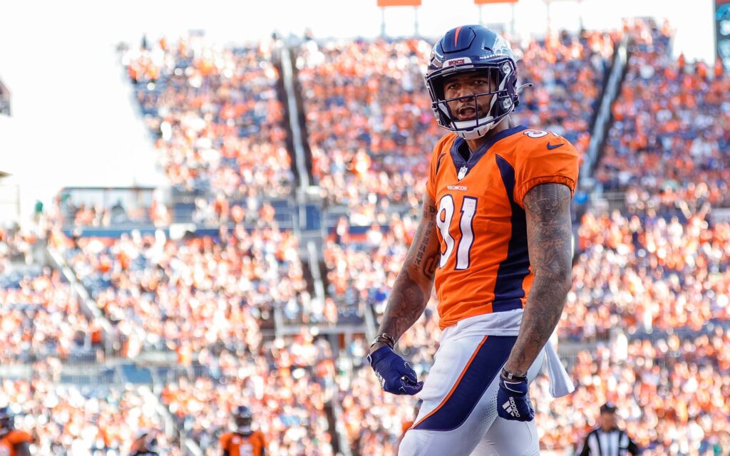 Tim Patrick celebrates a touchdown. Credit: Isaiah J. Downing USA TODAY Sports.