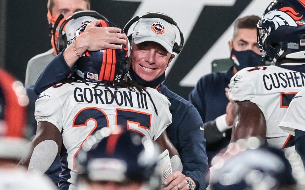 Pat Shurmur and Melvin Gordon in 2020. Credit: Vincent Carchietta, USA TODAY Sports.