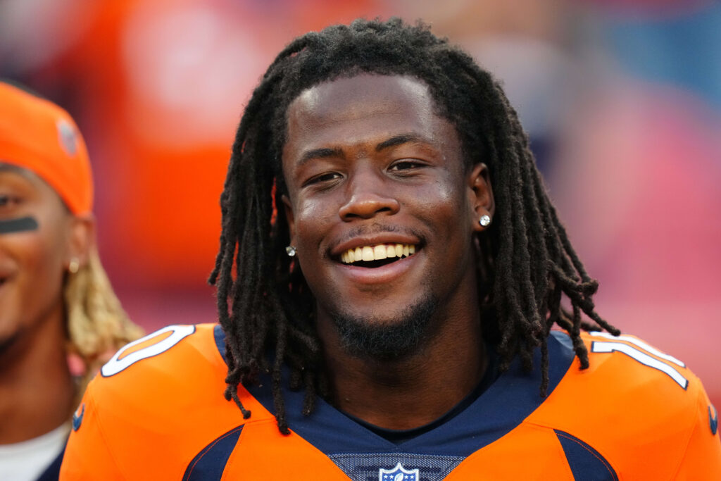 Denver Broncos wide receiver Jerry Jeudy (10) before the preseason game against the Los Angeles Rams at Empower Field at Mile High.