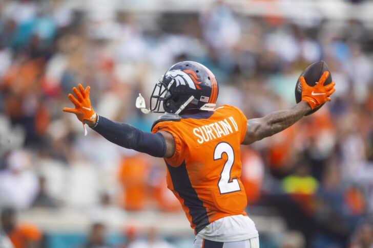 Denver Broncos cornerback Pat Surtain II (2) celebrates an interception against the Jacksonville Jaguars at TIAA Bank Field.