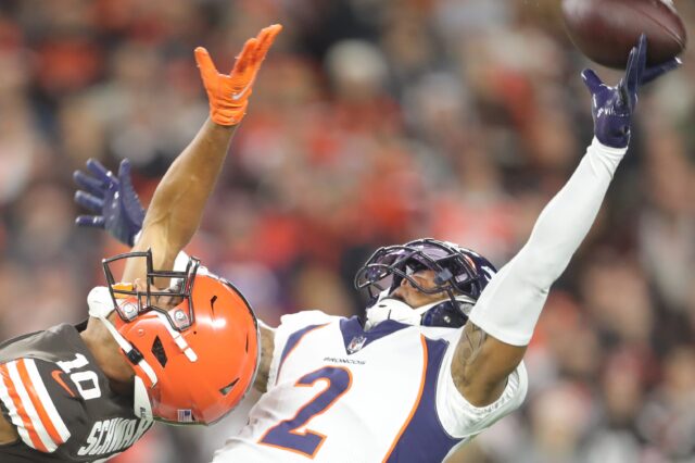 Denver Broncos CB Patrick Surtain defends a pass against the Browns. Credit: Phil Masturzo, USA TODAY Sports.