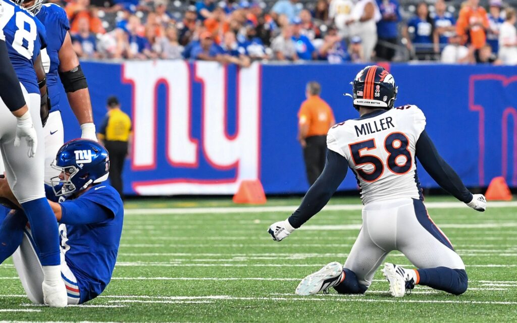 Von Miller celebrates a sack. Credit: Dennis Schneider, USA TODAY Sports.