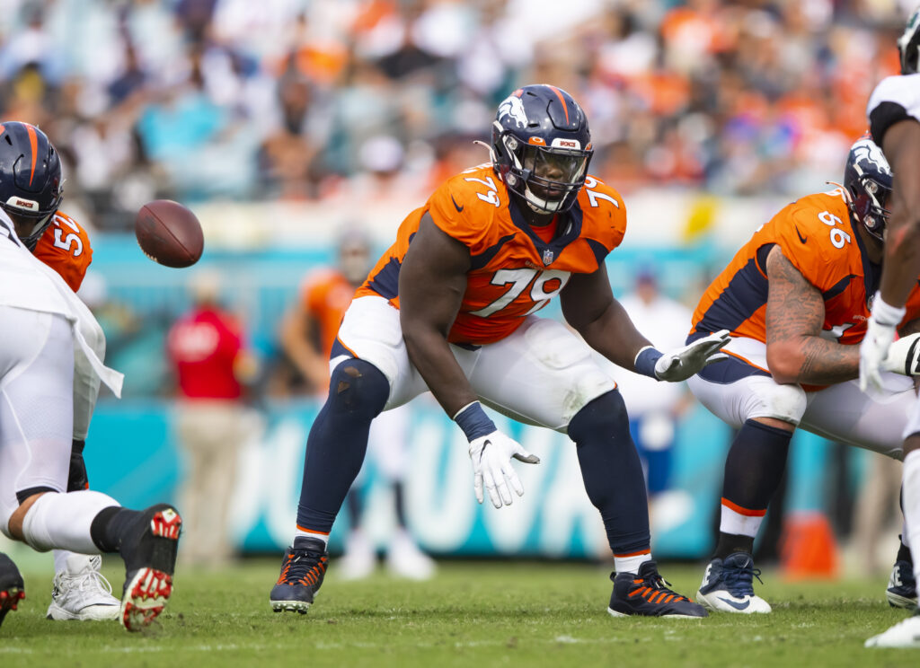 Denver Broncos center Lloyd Cushenberry III (79) against the Jacksonville Jaguars at TIAA Bank Field.