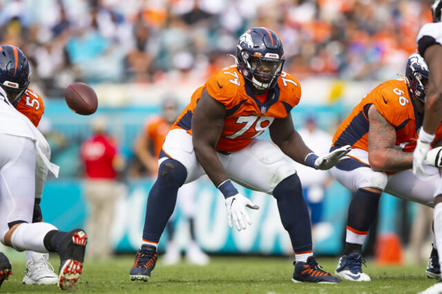 Denver Broncos center Lloyd Cushenberry III (79) against the Jacksonville Jaguars at TIAA Bank Field.