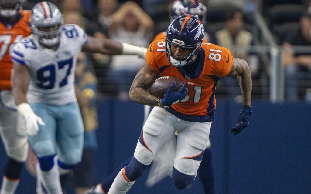 Tim Patrick catches a pass against Dallas. Credit: Jerome Miron, USA TODAY Sports.