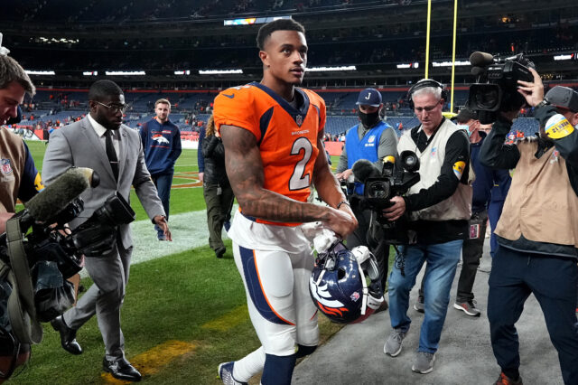 Denver Broncos outside linebacker Bradley Chubb (55) following the win over the Los Angeles Chargers at Empower Field at Mile High.