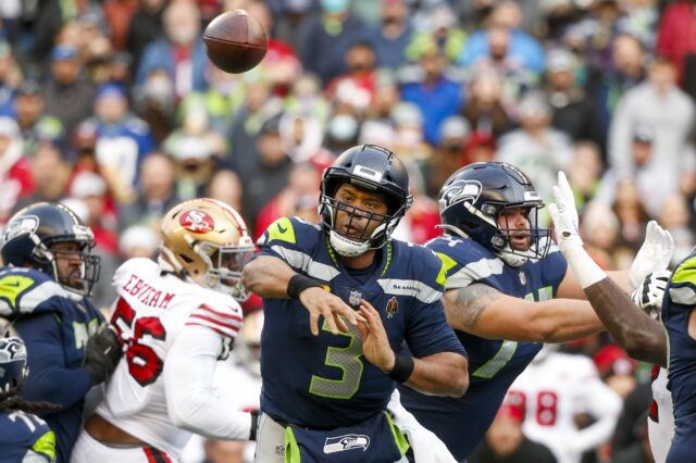 Russell Wilson throws. Credit: Joe Nicholson, USA TODAY Sports.