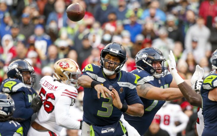 Russell Wilson throws. Credit: Joe Nicholson, USA TODAY Sports.