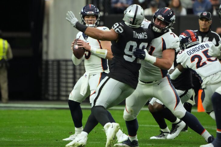 Denver Broncos quarterback Drew Lock (3) throws the ball against the Las Vegas Raiders in the first half at Allegiant Stadium