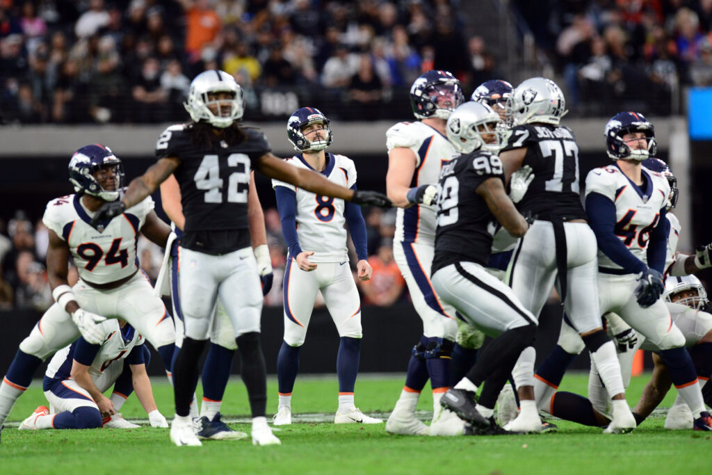 Denver Broncos kicker Brandon McManus (8) watches as he misses a field goal against the Las Vegas Raiders during the second half at Allegiant Stadium.