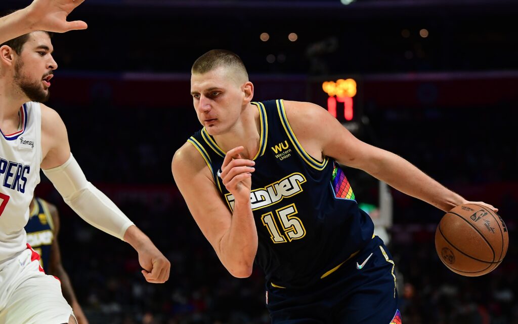 Nikola Jokic drives on Sunday. Credit: Gary A. Vasquez, USA TODAY Sports.