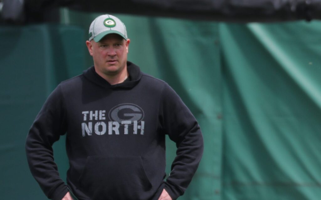 Nathaniel Hackett watches Green Bay Practice. Credit: Mark Hoffman.