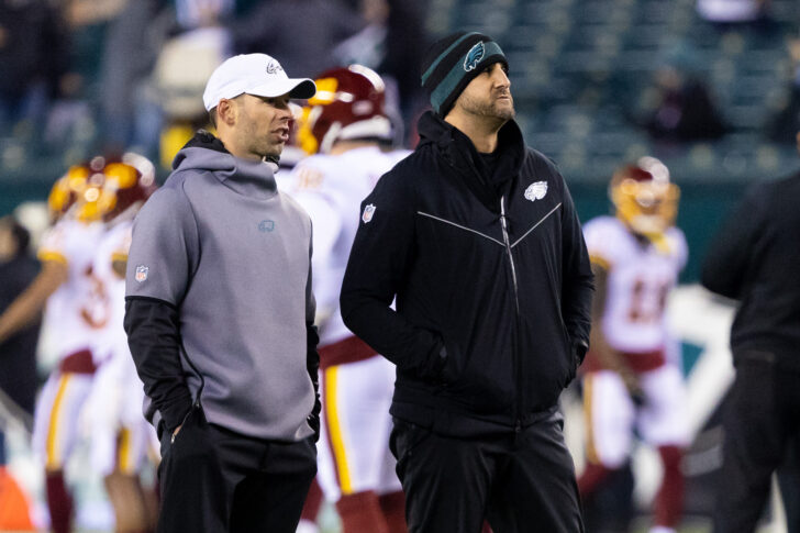 Philadelphia Eagles head coach Nick Sirianni (R) and defensive coordinator Jonathan Gannon (L) before action against the Washington Football Team at Lincoln Financial Field.