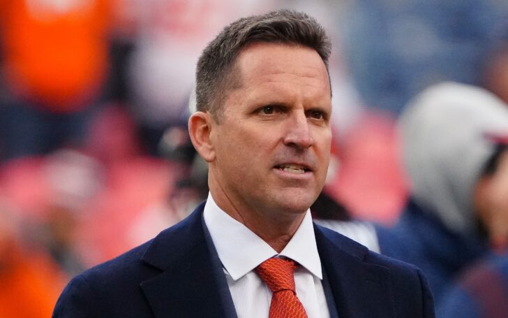 George Paton on the sideline during the Broncos - Chiefs game on Saturday. Credit: Ron Chenoy, USA TODAY Sports.