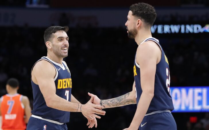 Facundo Campazzo and Austin Rivers celebrate vs. OKC. Credit: Alonzo Adams, USA TODAY Sports.