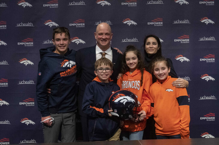 Denver Broncos head coach Nathaniel Hackett with his family, left to right Harrison 13, London 11, Briar 12, Everly 9 and his wife Megan. Hackett becomes the 18th head coach in franchise history. Hackett was introduced at a press conference at UC Health Training Center.