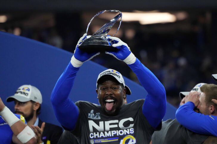 Los Angeles Rams outside linebacker Von Miller (40) celebrates with the George Halas trophy after the NFC Championship game against the San Francisco 49ers at SoFi Stadium. The Rams defeated the 49ers 20-17.