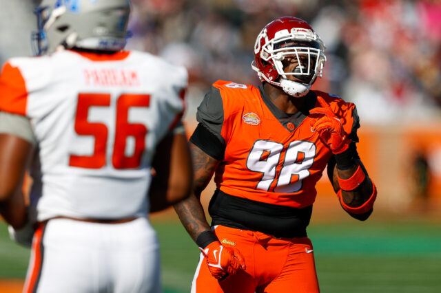 National Squad defensive lineman Perrion Winfrey of Oklahoma (98) reacts after a play in the first half against the American squad at Hancock Whitney Stadium.