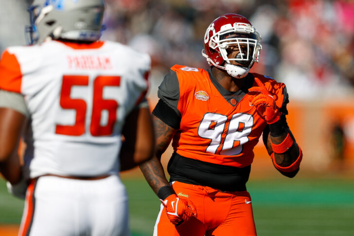 National Squad defensive lineman Perrion Winfrey of Oklahoma (98) reacts after a play in the first half against the American squad at Hancock Whitney Stadium.