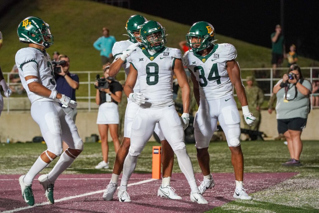 Baylor Bears safety Jalen Pitre (8) celebrates after an interception against the Texas State Bobcats in the second half at Bobcat Stadium.