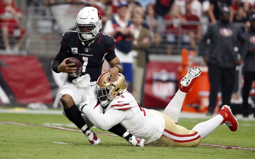 DJ Jones tackling Kyler Murray. Credit: Chris Coduto, USA TODAY Sports.