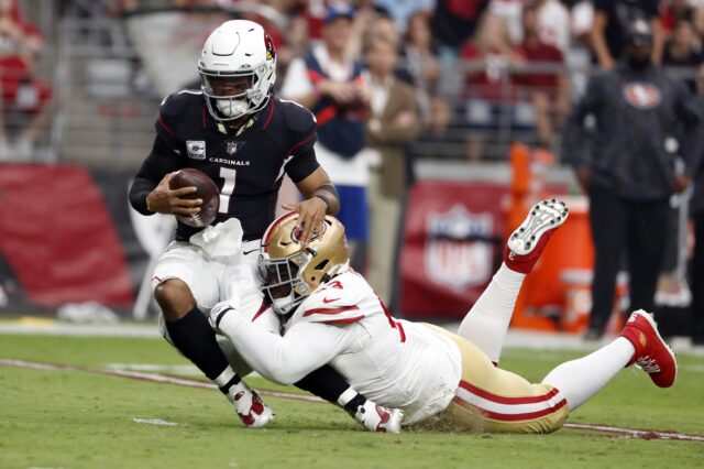 DJ Jones tackling Kyler Murray. Credit: Chris Coduto, USA TODAY Sports.