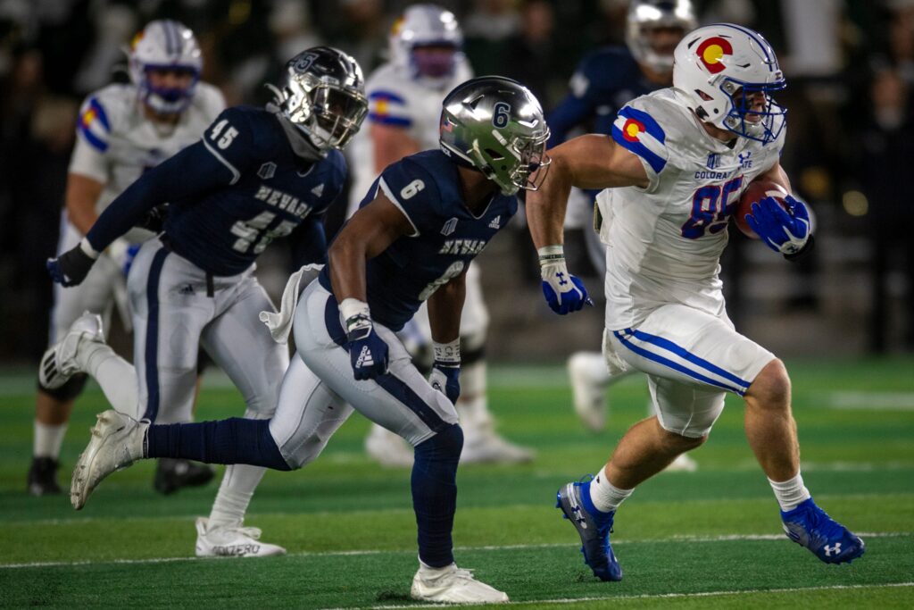 Colorado State senior tight end Trey McBride carries the football during a game against Nevada on Saturday