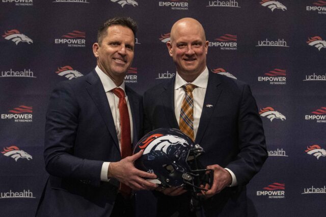 George Paton and Nathaniel Hackett. Credit: John Leyba, USA TODAY Sports.