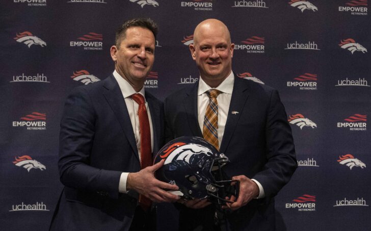 George Paton and Nathaniel Hackett. Credit: John Leyba, USA TODAY Sports.