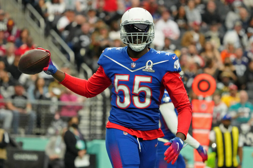 NFC outside linebacker Chandler Jones of the Arizona Cardinals (55) reacts after a play against the AFC during the third quarter during the Pro Bowl football game at Allegiant Stadium.