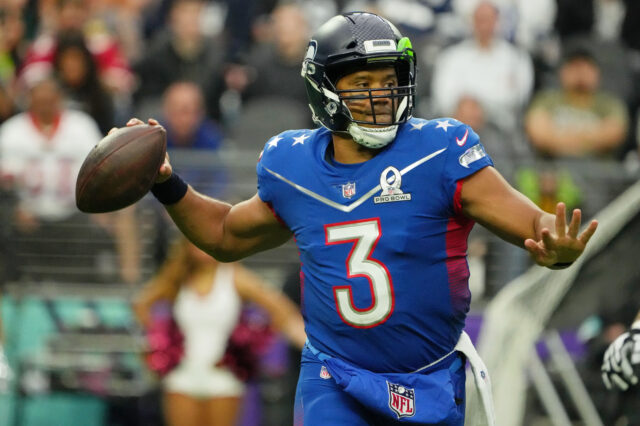 NFC quarterback Russel Wilson of the Seattle Seahawks (3) passes the ball against the AFC during the third quarter during the Pro Bowl football game at Allegiant Stadium.