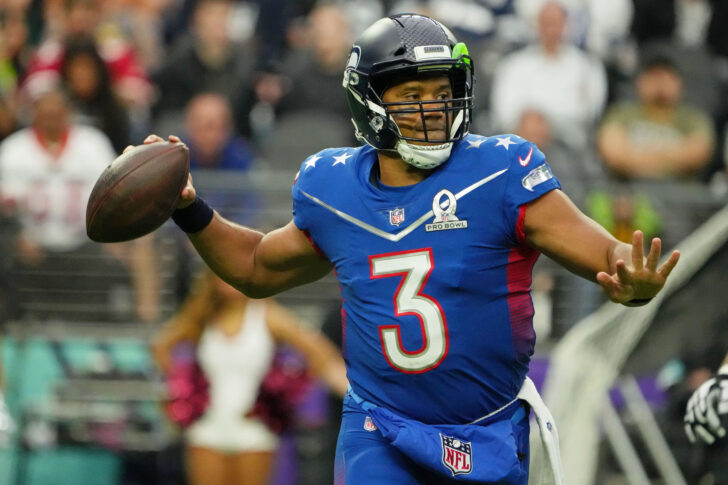 NFC quarterback Russel Wilson of the Seattle Seahawks (3) passes the ball against the AFC during the third quarter during the Pro Bowl football game at Allegiant Stadium.