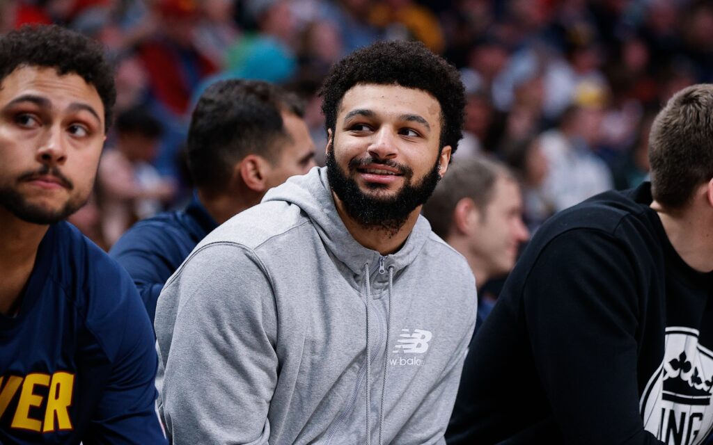 Jamal Murray on the bench Sunday night in the loss to the Celtics. Credit: Isaiah J. Downing USA TODAY Sports.