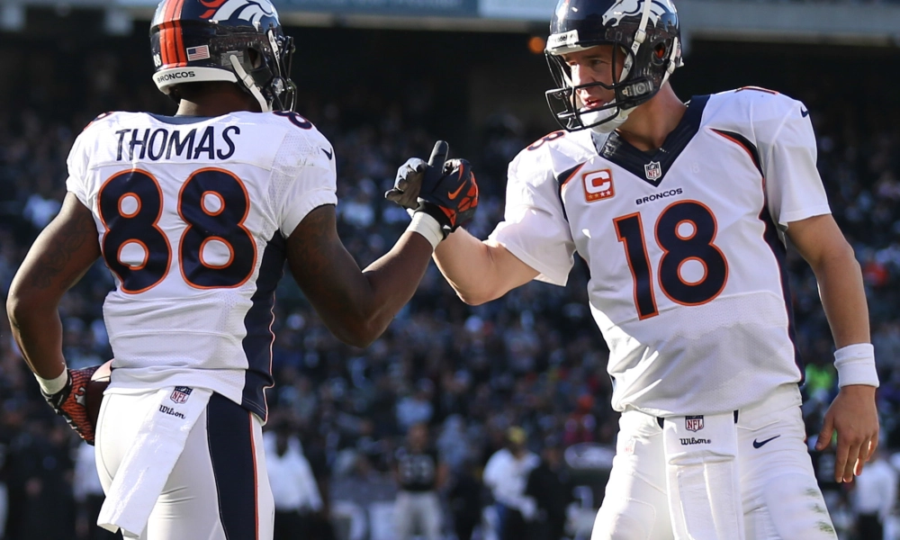 Demaryius Thomas and Peyton Manning celebrate in 2015. Credit: Isaiah J. Downing, USA TODAY Sports.