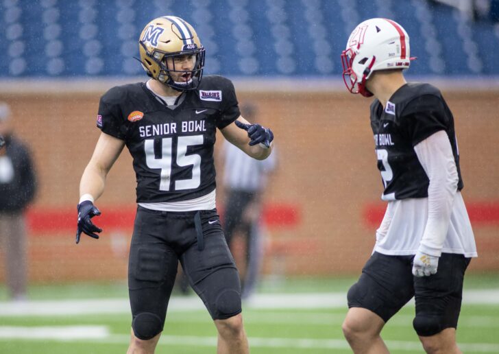 National squad linebacker Troy Andersen of Montana State (45) talks with National squad linebacker Sterling Weatherford of Miami (OH) (12) during National team practice for the 2022 Senior Bowl at Hancock Whitney Stadium.