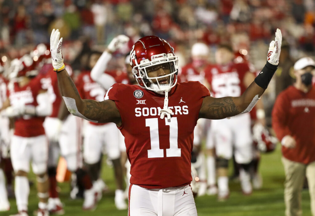 Oklahoma Sooners linebacker Nik Bonitto (11) reacts at the end of the first half against the Oklahoma State Cowboys at Gaylord Family-Oklahoma Memorial Stadium.