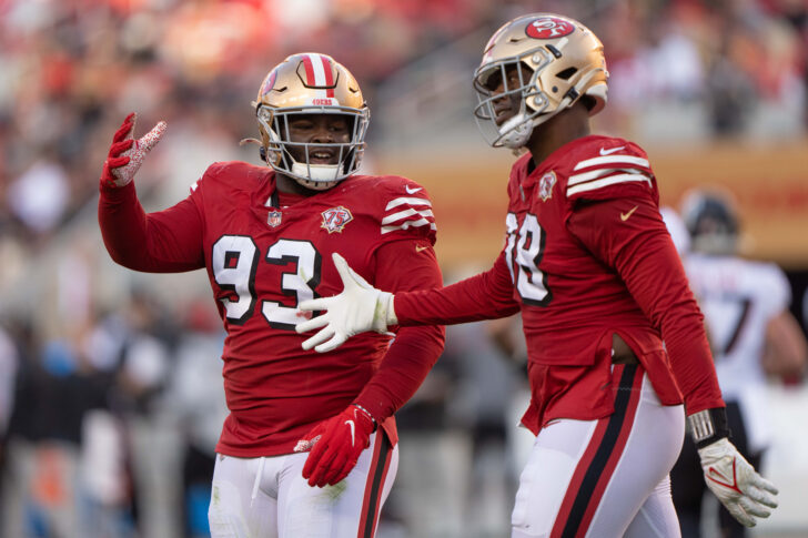 San Francisco 49ers defensive tackle D.J. Jones (93) celebrates with defensive end Arden Key (98) during the third quarter against the Atlanta Falcons at Levi's Stadium.