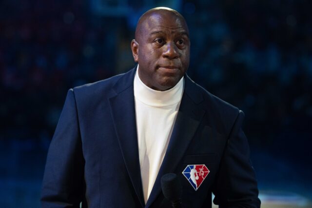 Magic Johnson at the NBA All-Star Game. Credit: Kyle Terada, USA TODAY Sports.