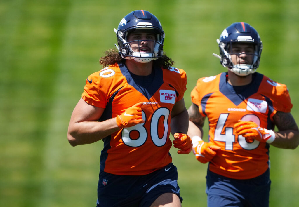 Denver Broncos tight end Greg Dulcich (80) during mini camp drills at UCHealth Training Center.