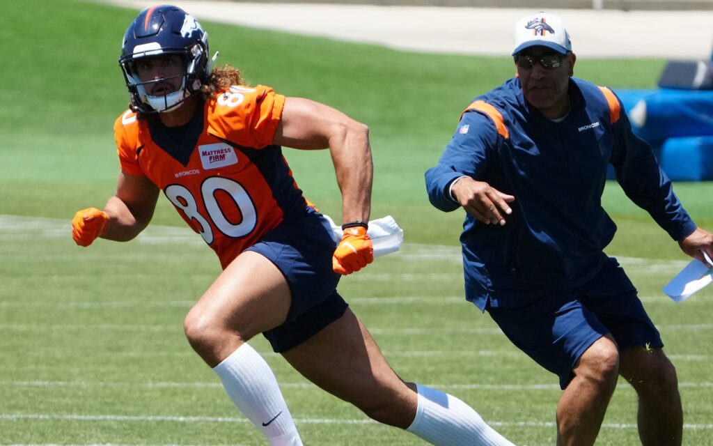 Denver Bronco tight end Greg Dulcich (80) during rookie mini camp drills at UCHealth Training Center.