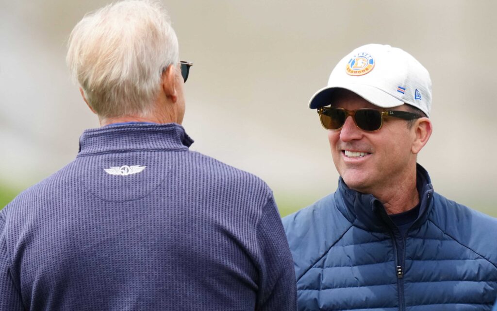 George Paton and John Elway at Denver Broncos OTAs. Credit: Ron Chenoy, USA TODAY Sports.