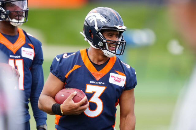 Denver Broncos quarterback Russell Wilson (3) during OTA workouts at the UC Health Training Center.