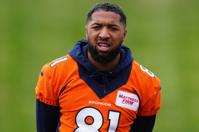 Tim Patrick at OTAs in May. Credit: Ron Chenoy, USA TODAY Sports.