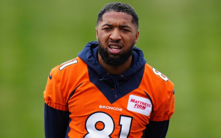 Tim Patrick at OTAs in May. Credit: Ron Chenoy, USA TODAY Sports.