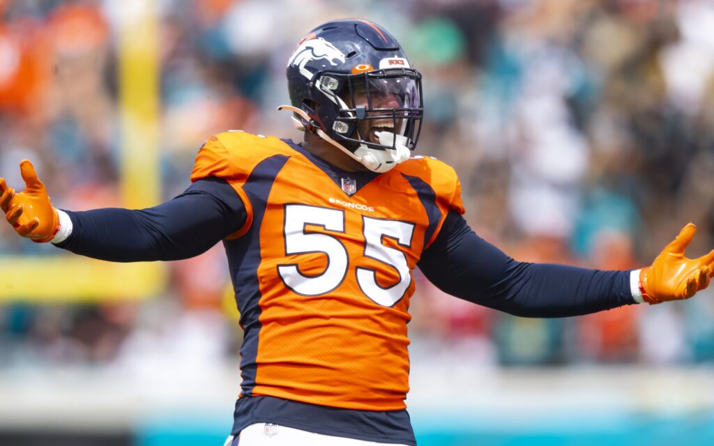 Denver Broncos linebacker Bradley Chubb (55) reacts against the Jacksonville Jaguars at TIAA Bank Field.