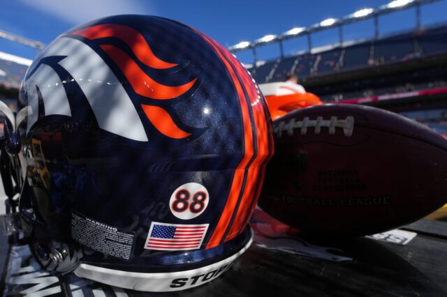 Demaryius Thomas' helmet in 2021. Credit: Ron Chenoy, USA TODAY Sports.