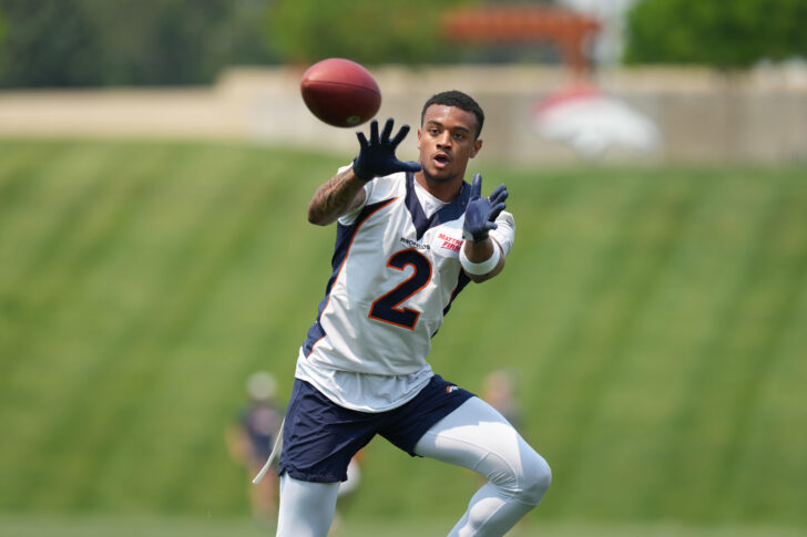 Denver Broncos cornerback Pat Surtain II (2) during mini camp drills at the UCHealth Training Center.